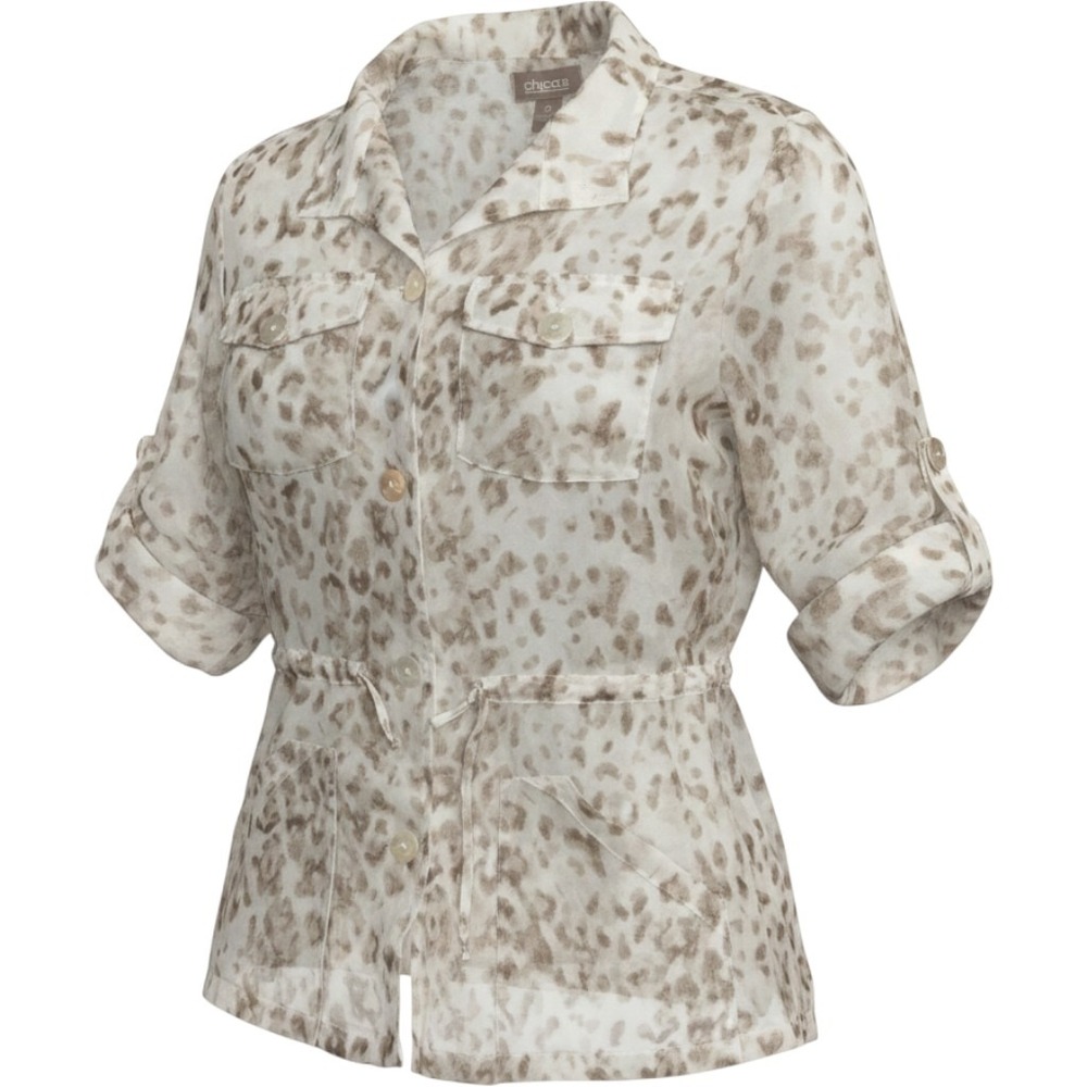 Chicos Sheer Leopard Print Anorak Utility Jacket Size 0 Tie Waist Safari Top
